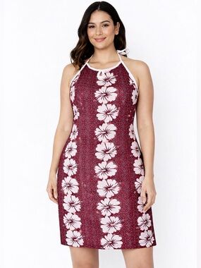 Vintage Point Zero Hawaiian Floral Halter Dress Red White Size 9 Cotton Summer